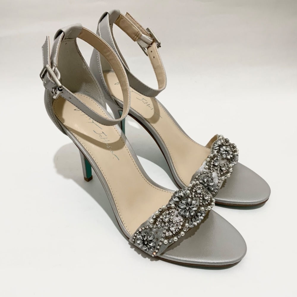 Betsey Johnson Gina Jeweled Ankle Strap Dress Sandals Silver Satin Stiletto Heel - Picture 6 of 14